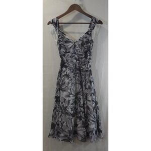 Rickie Freeman Teri Jon Gray Floral 100% Silk Midi Dress Sleeveless Womens 8